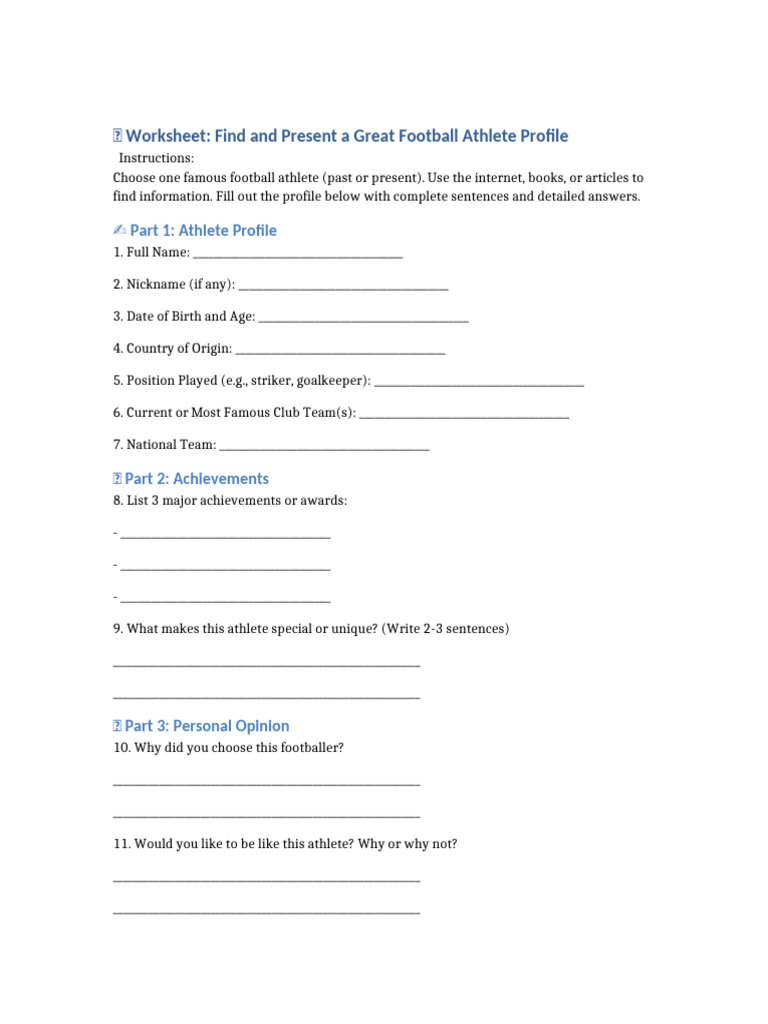 Football Athlete Profile Worksheet | PDF