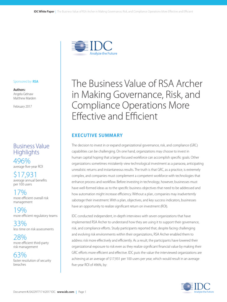 IDC RSA Archer Business Value | PDF | Regulatory Compliance | Risk ...