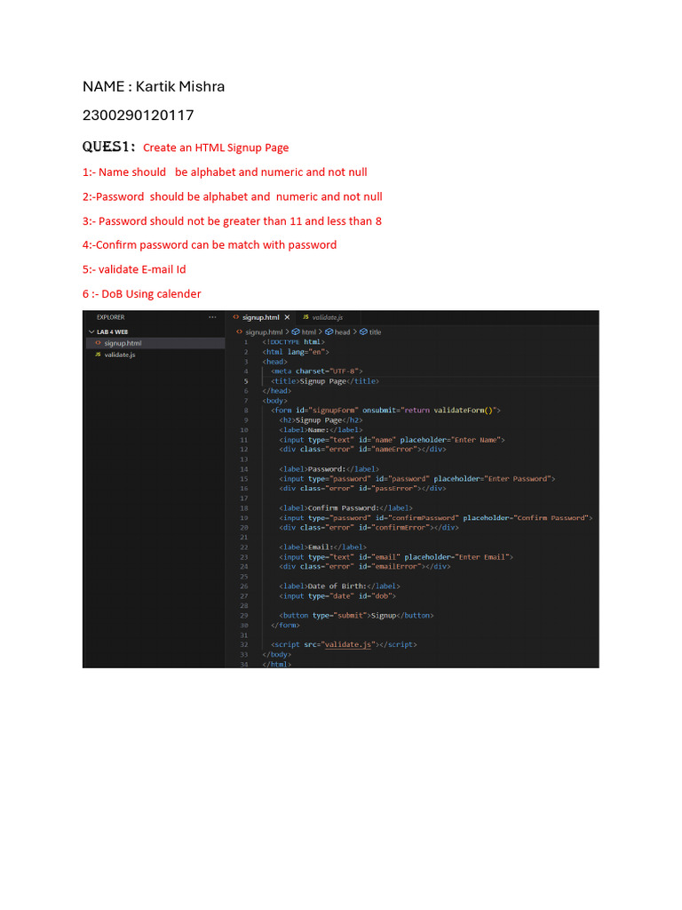 HTML Signup and JavaScript Tasks Guide | PDF