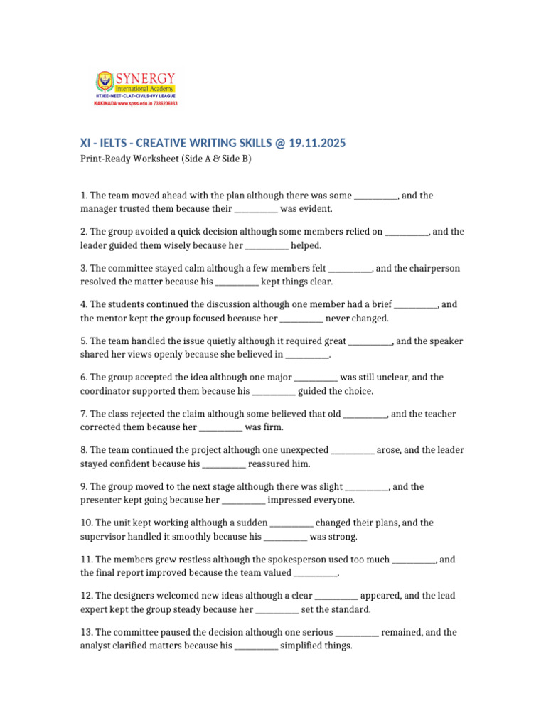 IELTS Creative Writing Skills Worksheet | PDF