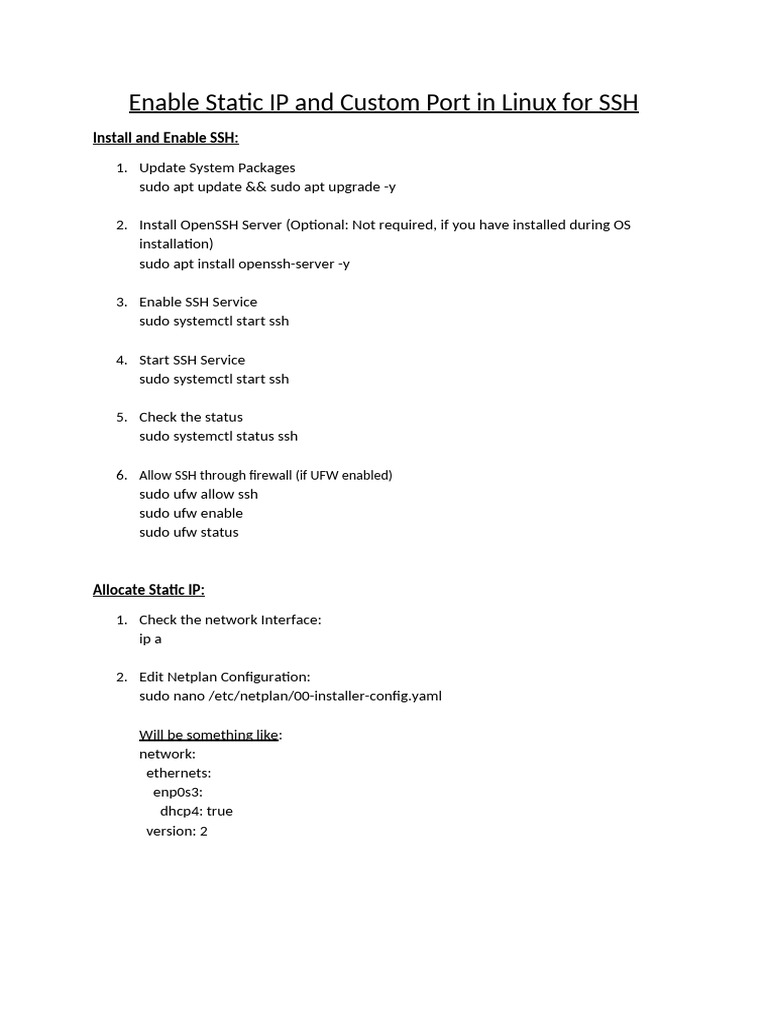 Configure Static IP and Custom SSH Port | PDF