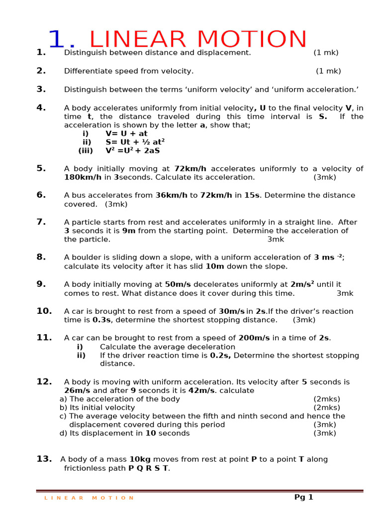 Linear Motion PDF Acceleration Velocity