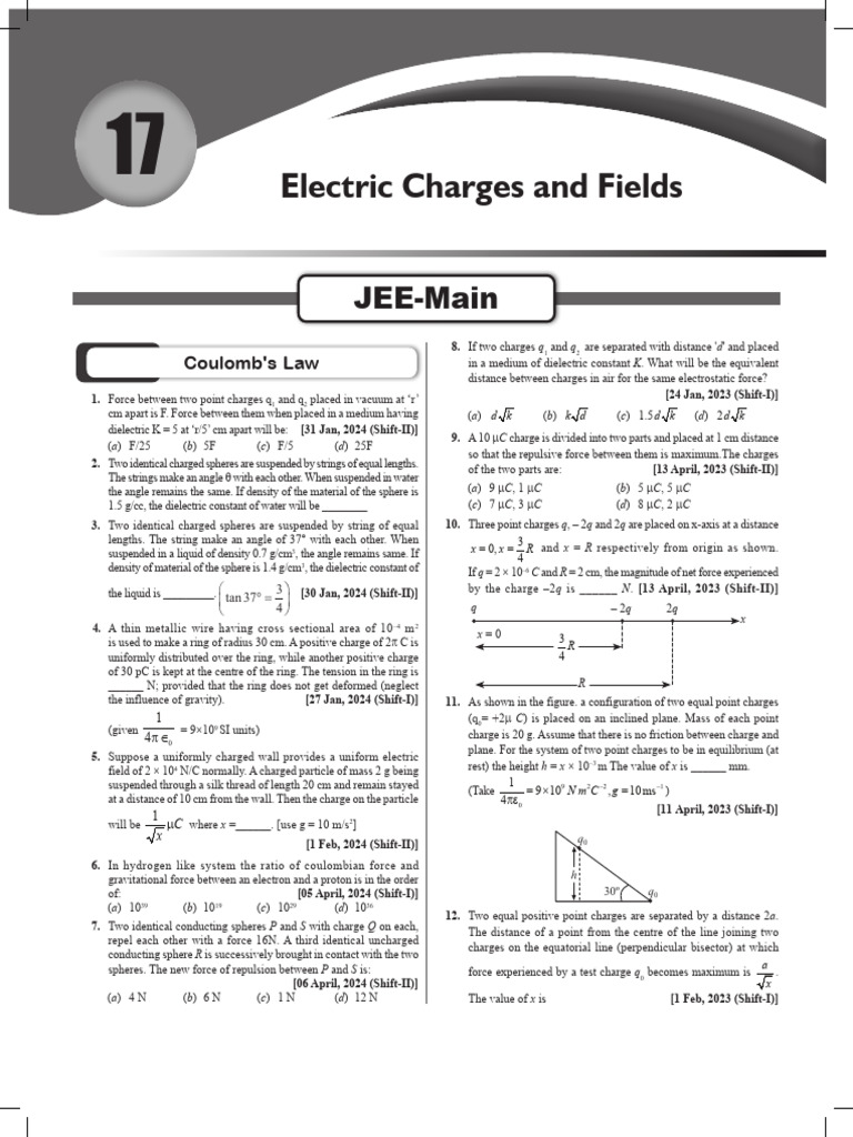 PYQs (JEE Main & Advance) Electric Charges and Fields | PDF | Force ...