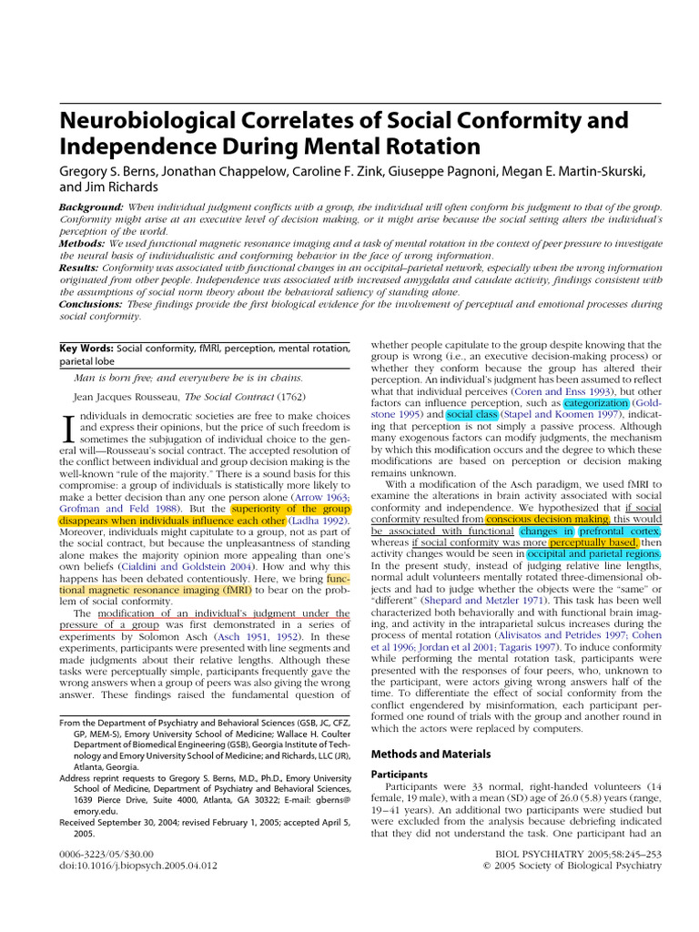 Neural Basis of Social Conformity | PDF | Conformity | Cerebral Cortex