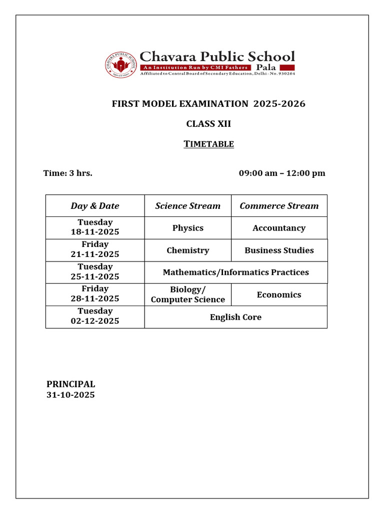 Class XII First Model Exam Timetable | PDF