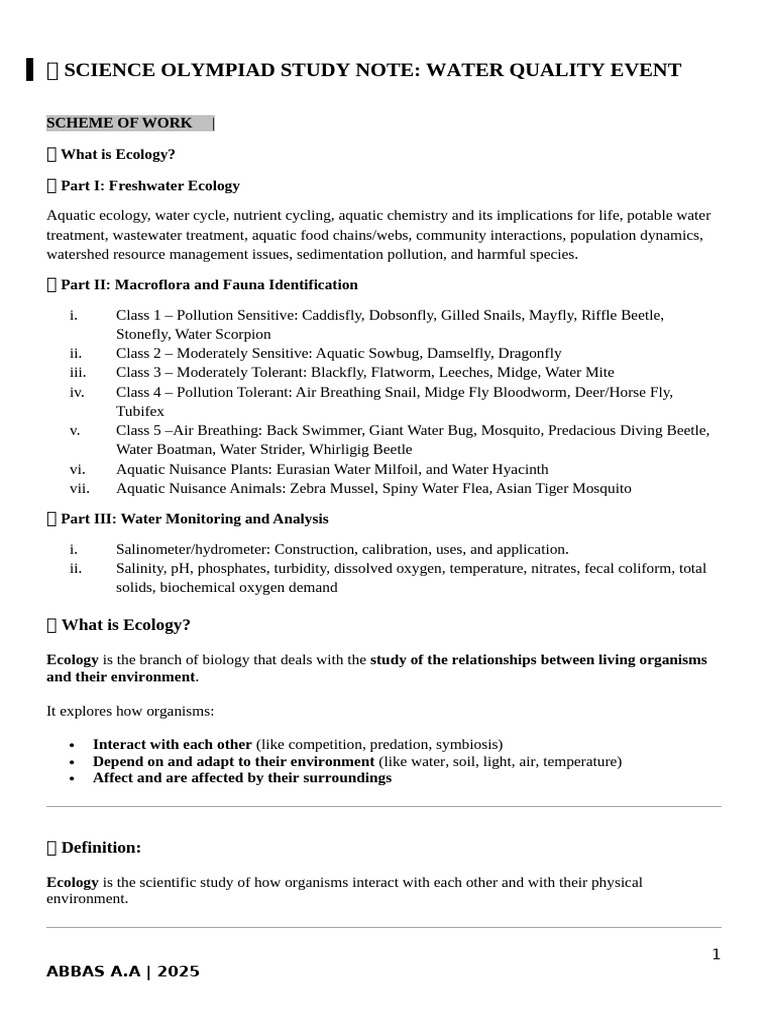 Water Quality Study Guide for Ecology | PDF | Ecology | Ecosystem
