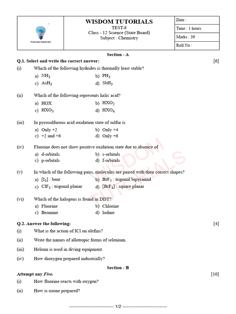 CHEM TEST 8 | PDF | Fluorine | Iodine