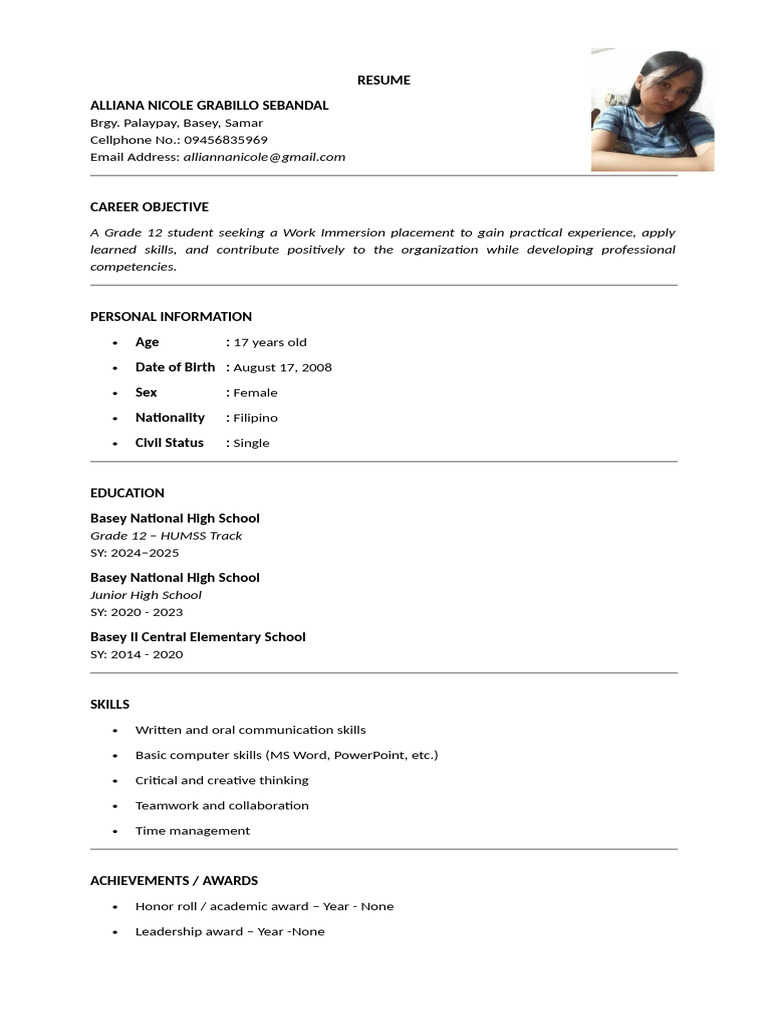 Grade 12 Student Resume for Work Immersion | PDF