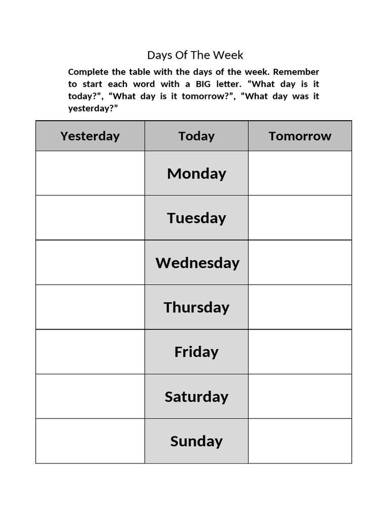 Days of the Week Worksheet Complete the Table | PDF