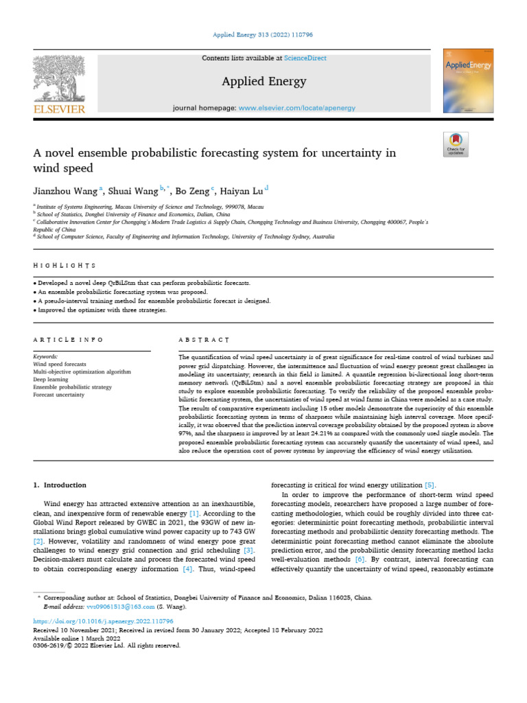 Ensemble Probabilistic Wind Speed Forecasting | PDF | Forecasting ...