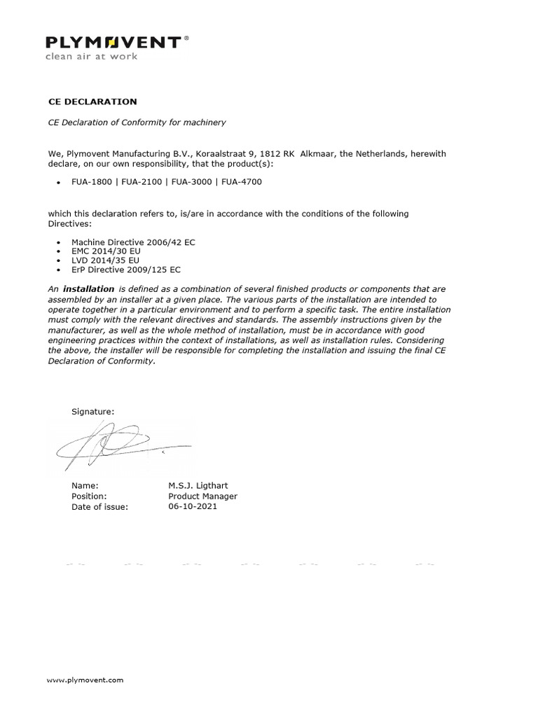 CE Declaration for Plymovent Machinery | PDF