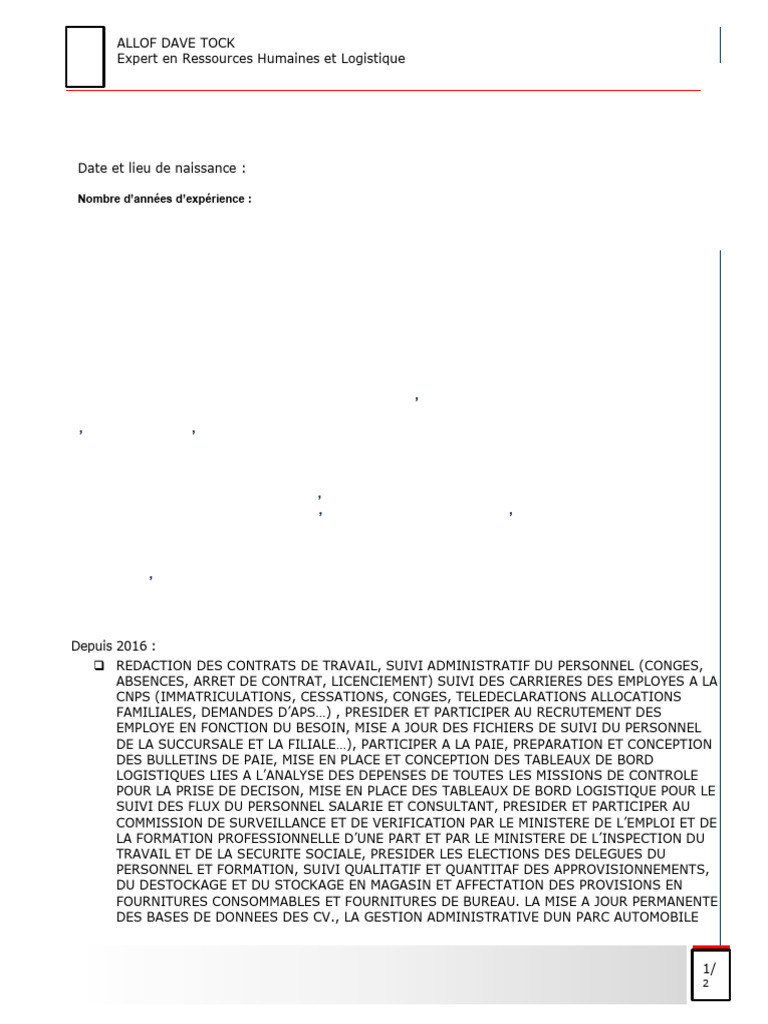 CV d'Allof Dave Tock - Expert RH et Logistique | PDF | Gestion des ...