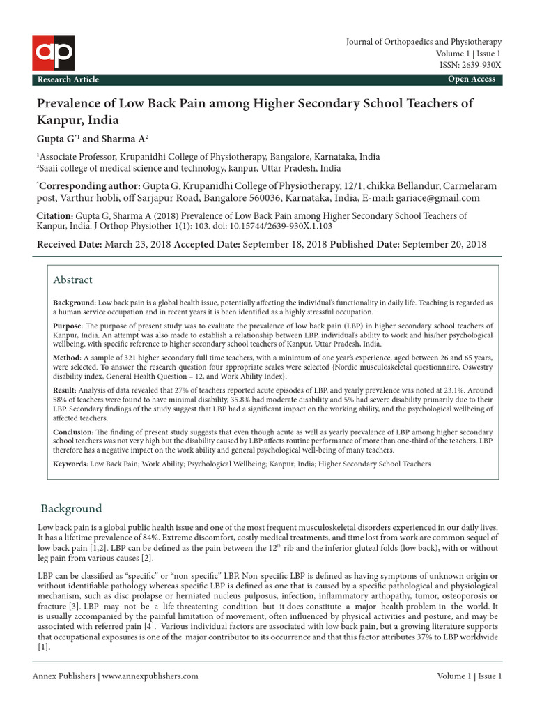 1103 Prevalence of Low Back Pain Among Higher Secondary School Teachers ...