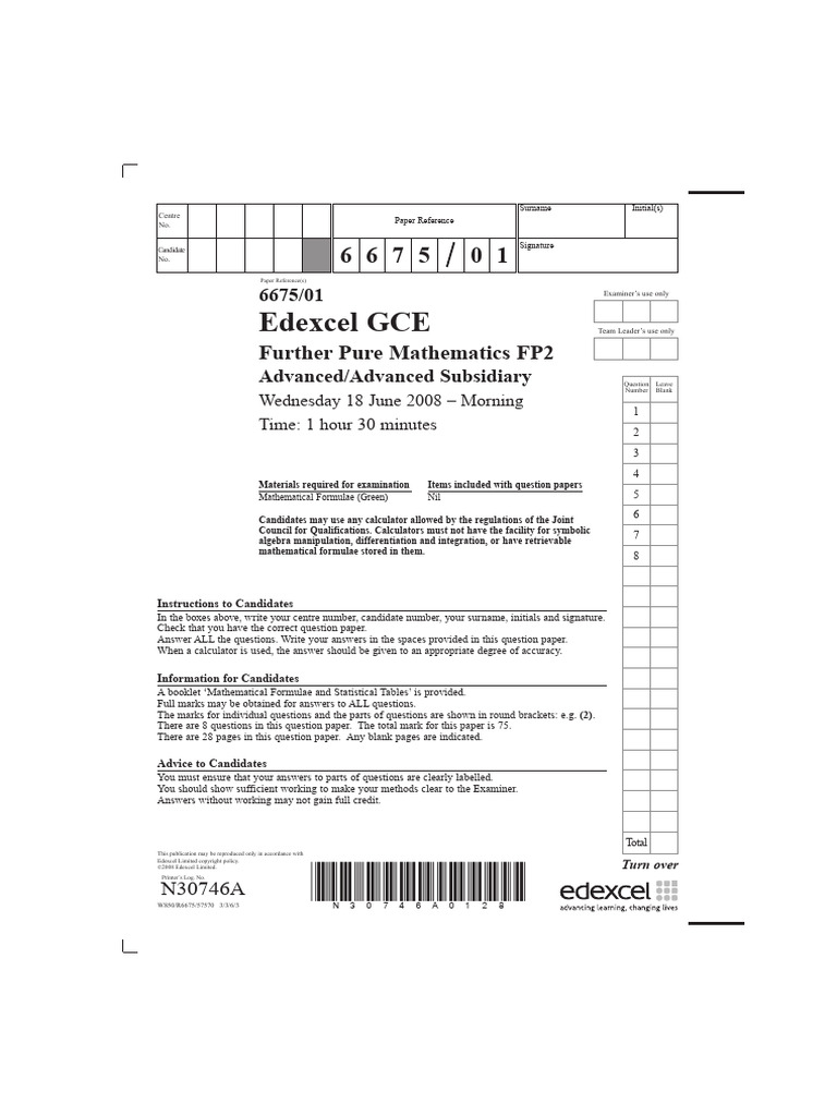 Edexcel GCE Further Pure Maths FP2 Exam | PDF | Mathematics | Calculator