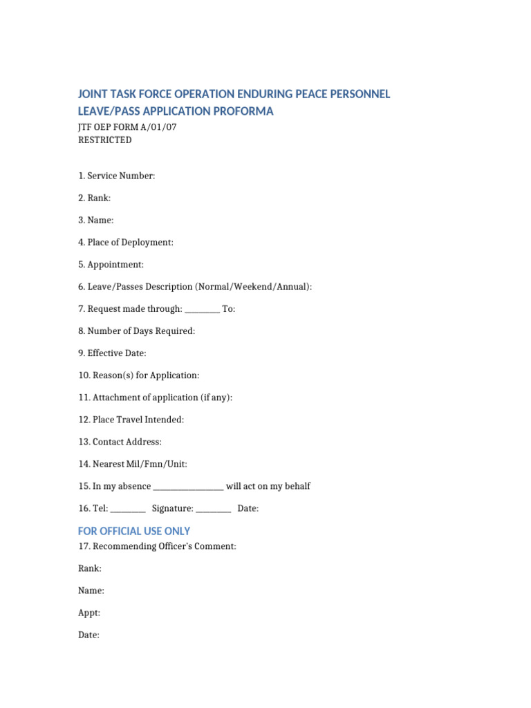 JTF Operation Enduring Peace Leave Application | PDF