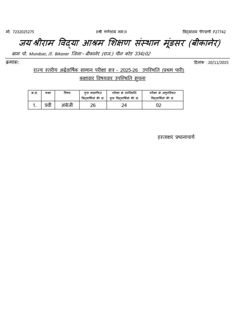 अर्द्धवार्षिक परीक्षा 2025-26 (उपस्थिति पत्रक) mudsar | PDF