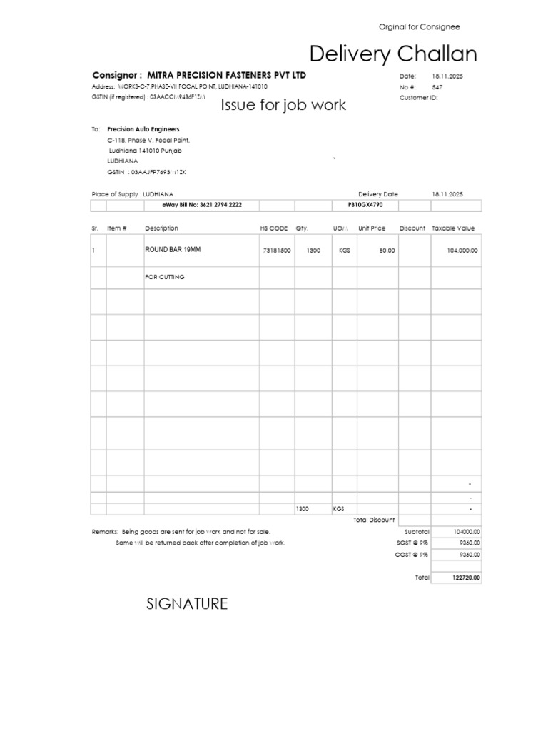 Delivery Challan for Job Work - Mitra Precision | PDF