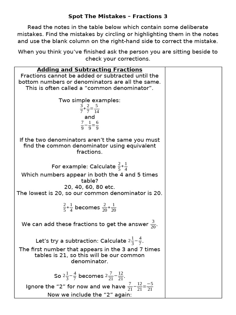 Identify Errors in Fraction Operations | PDF