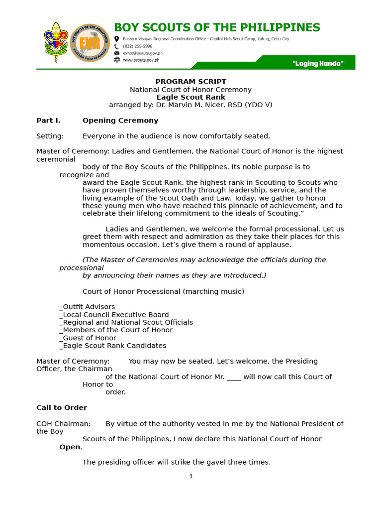 Eagle Scout National Court of Honor Script | PDF | Scouting | Gratitude