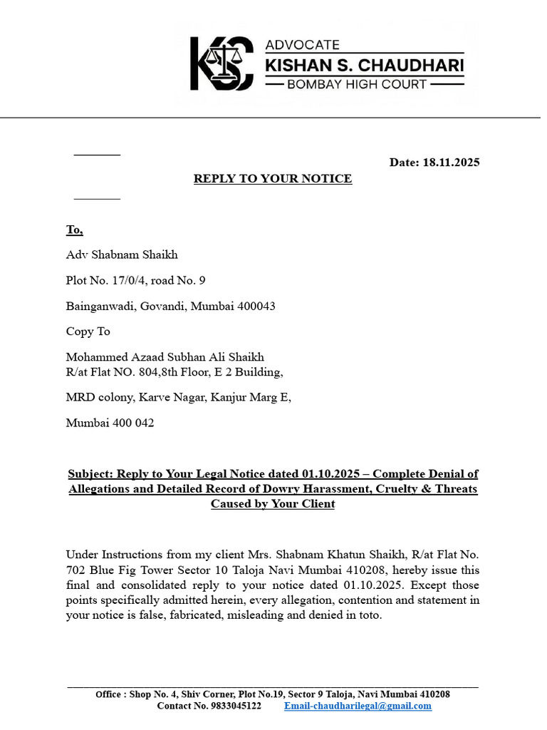 Reply To Legal Notice Taloja Shabnam | PDF | Harassment | Social ...
