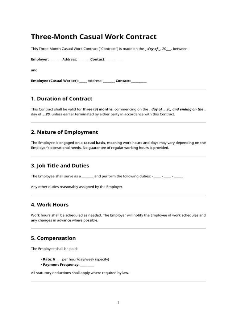 Three-Month Casual Work Contract Template | PDF
