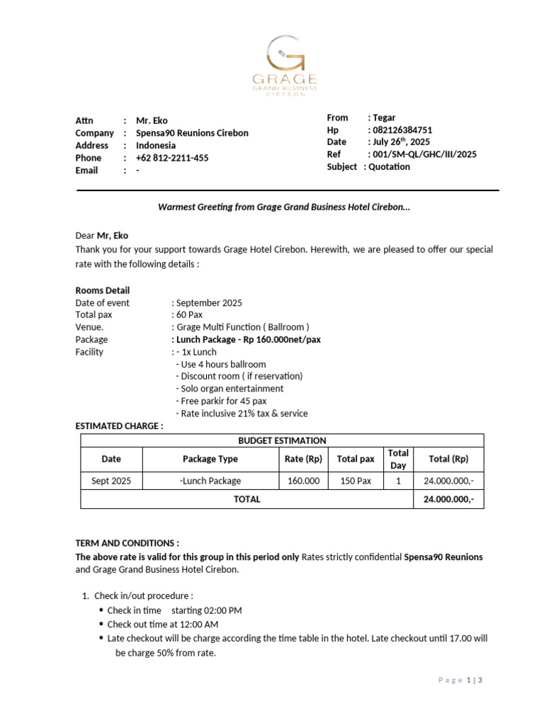 Grage Hotel Cirebon Quotation for Event | PDF | Banks