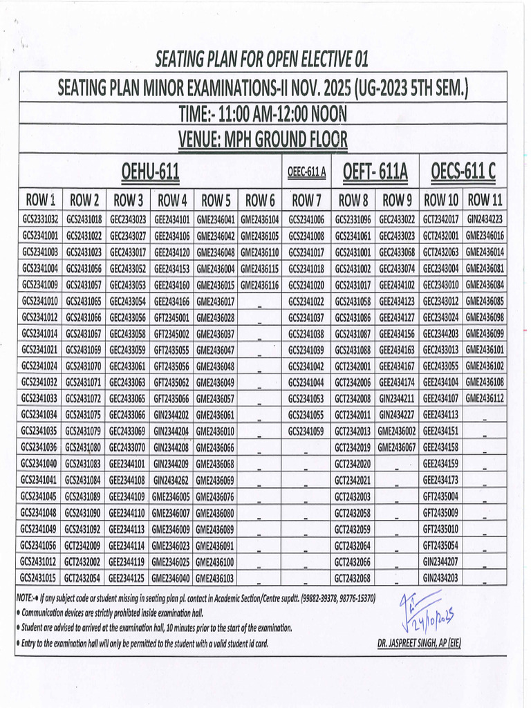 Seating Plan For Ug For Open Elective Nov 2025 | PDF