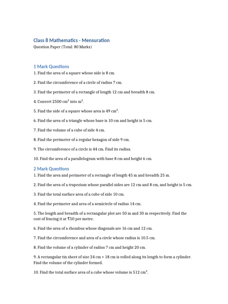Class 8 Maths Mensuration Questions | PDF | Area | Rectangle