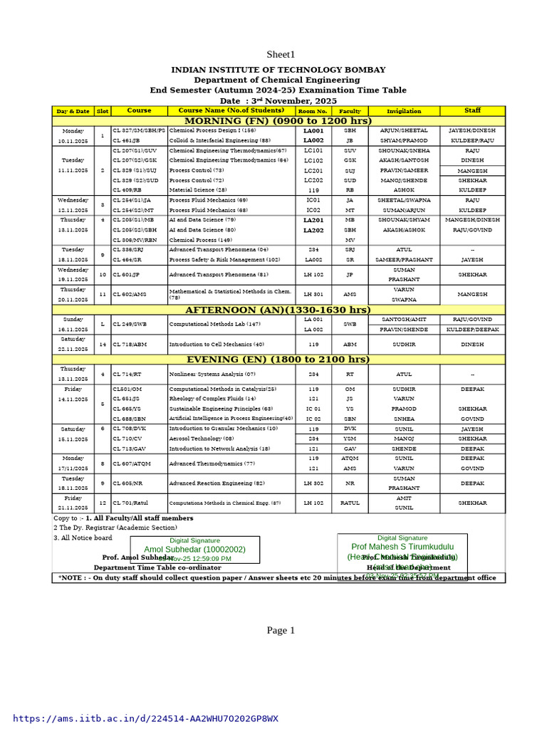 Cl461 Relevant End Sem Exam Time Table Nov 2025 | PDF | Chemical ...
