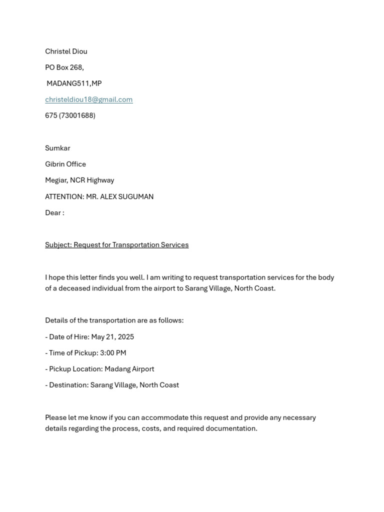 Letter of Request For Transportation Services | PDF