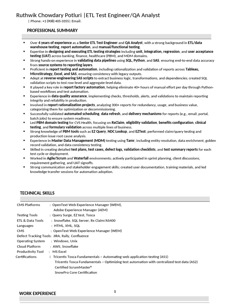 Senior ETL Test Engineer Resume | PDF | Software Testing | Software ...