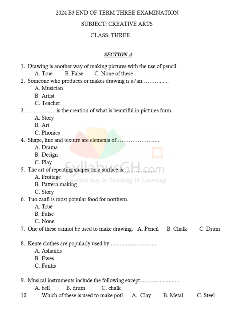 Creative Arts Exam Questions for Class 3 | PDF | Drawing | Chess