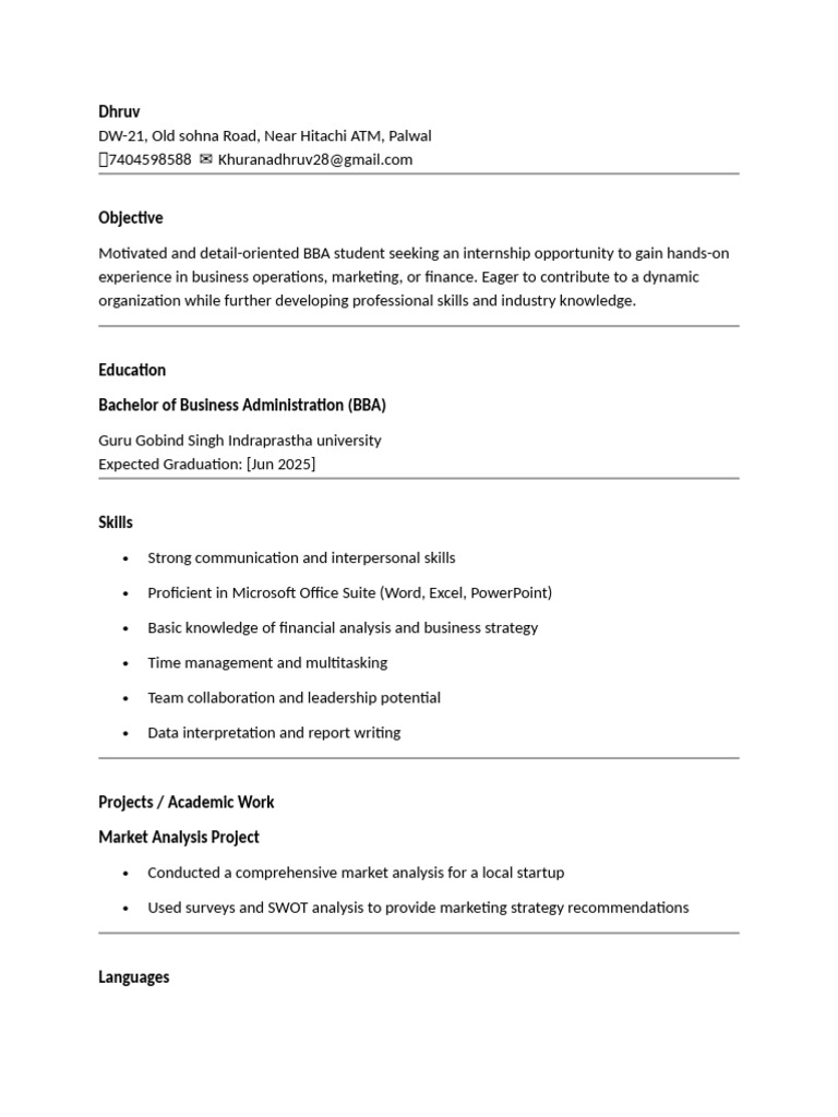 BBA Student Internship Resume | PDF