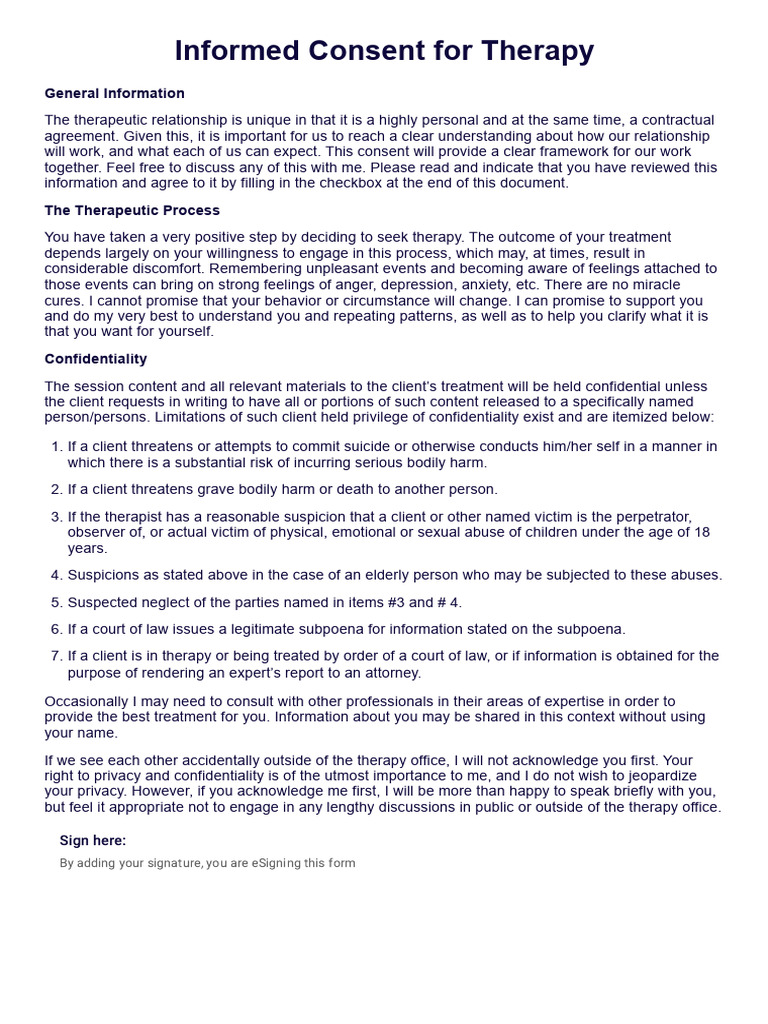 Informed Consent for Therapy Sessions | PDF | Psychotherapy | Consent