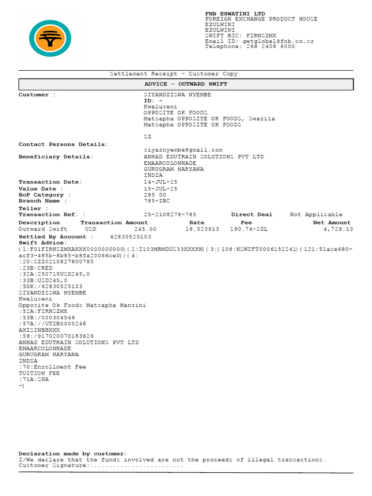 Outward SWIFT Transaction Receipt | PDF