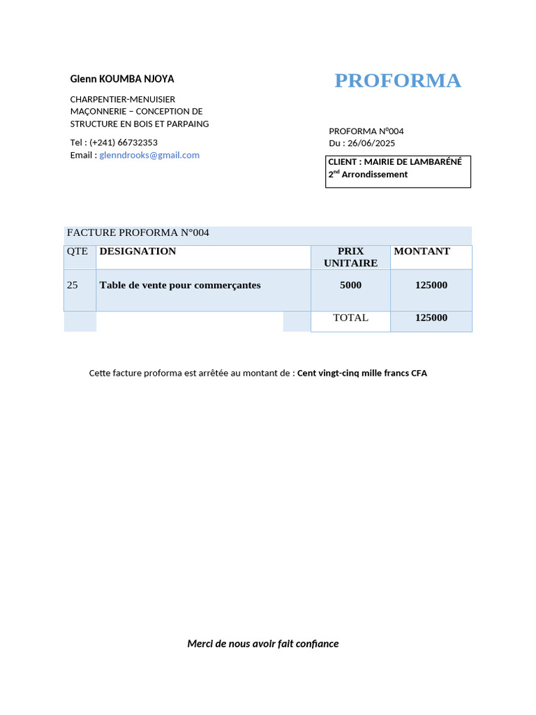Facture Proforma N°004 - Mairie de Lambaréné | PDF