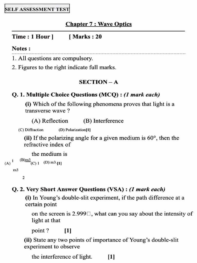 Wave Optics Assessment Test | PDF | Diffraction | Polarization (Waves)