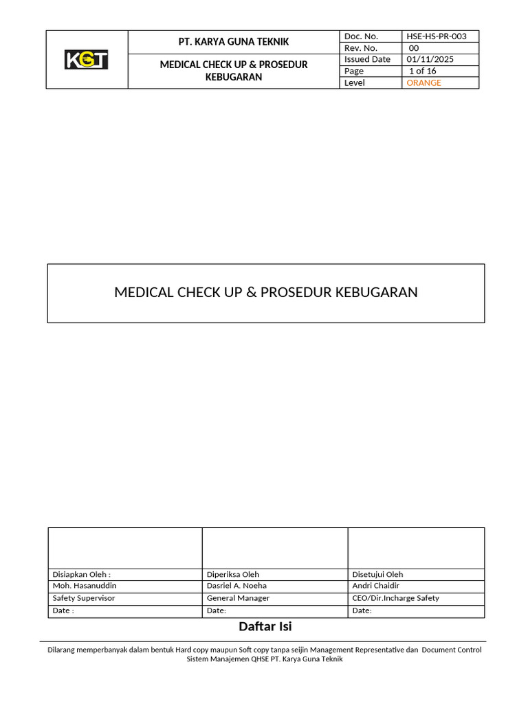 Prosedur Medical Check Up Karyawan KGT | PDF