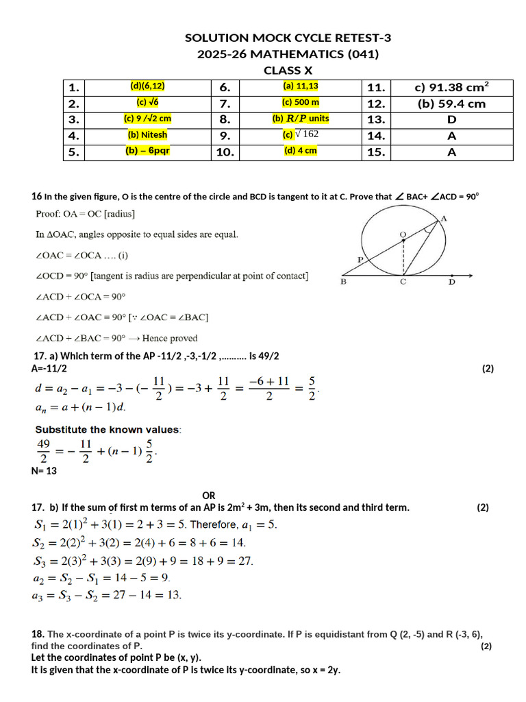 Class X Mathematics Retest Solutions | PDF | Area | Circle