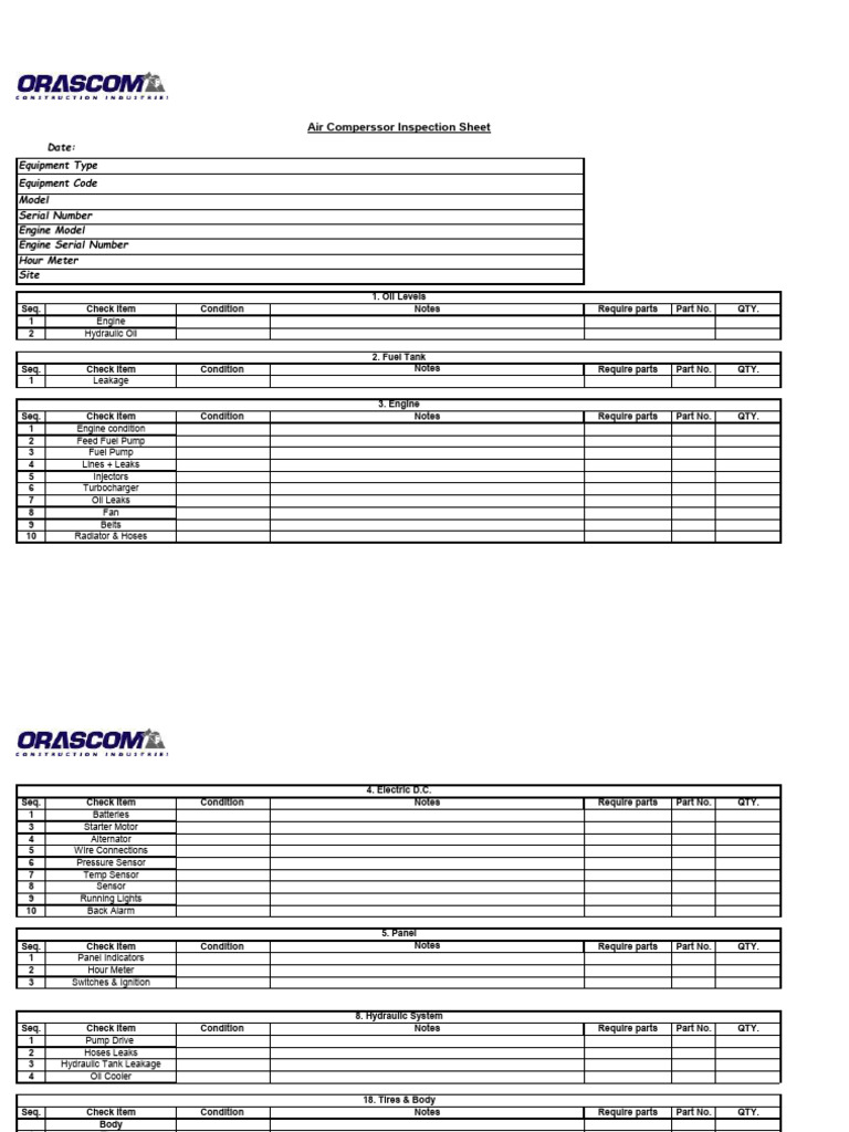 Air Compressor Inspection Sheet | PDF