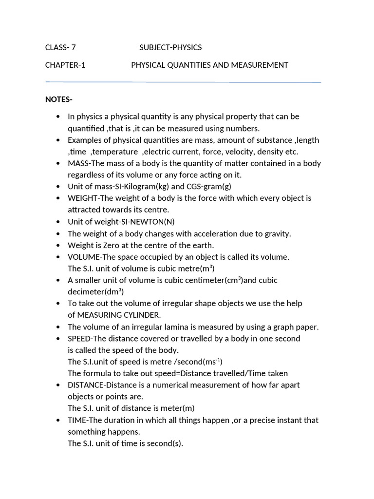 Physical Quantities and Measurement Notes | PDF | Volume | Density