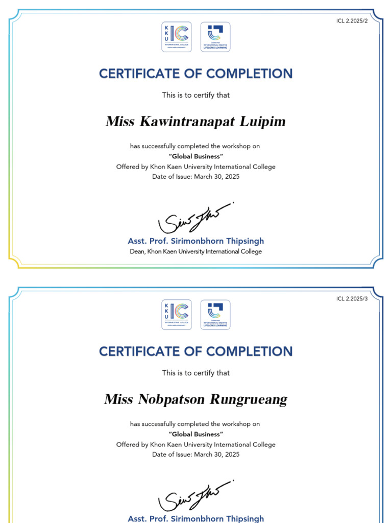 Global Business Workshop Completion Certificates | PDF