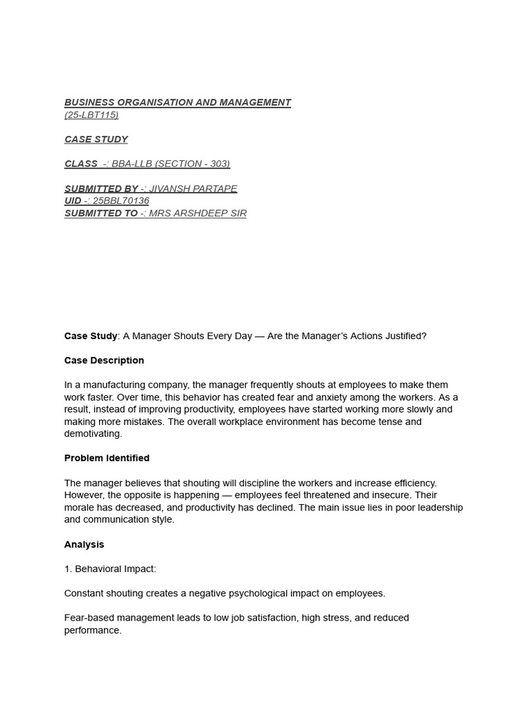 Manager's Shouting: Impact on Productivity | PDF | Leadership | Employment