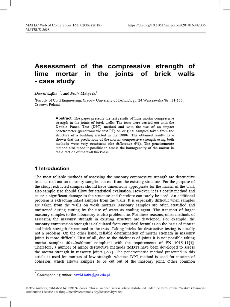 Assessment of The Compressive Strength of Lime Mortar in The Joints of ...