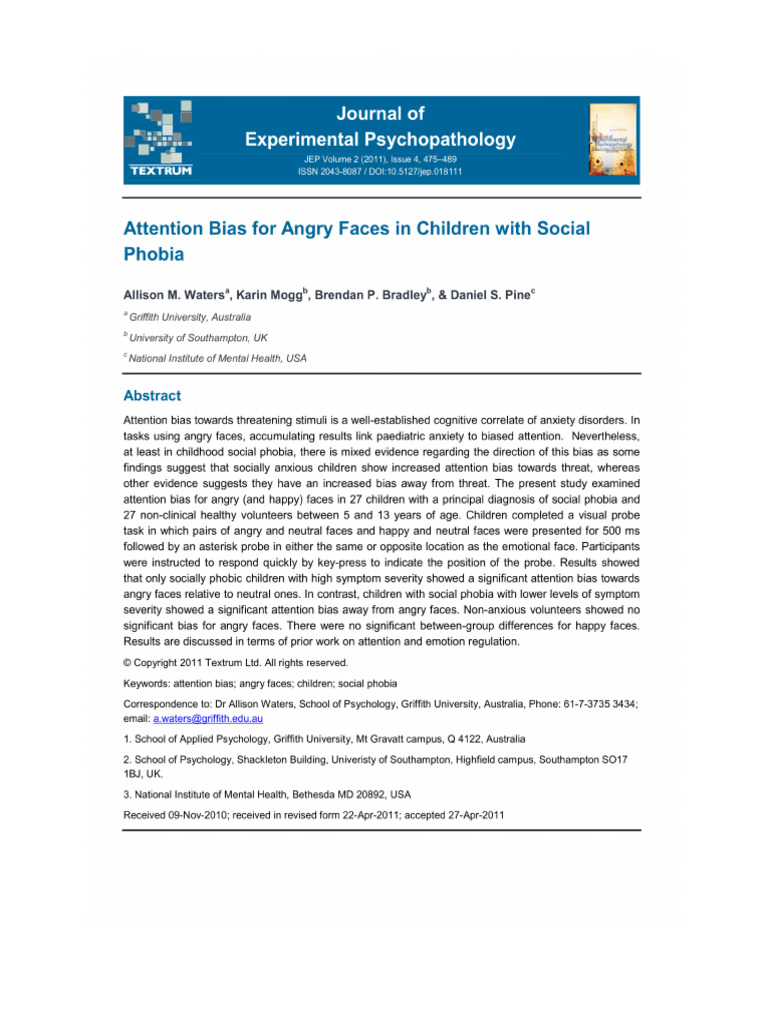 Attention Bias For Angry Faces in Children With Social Phobia | PDF