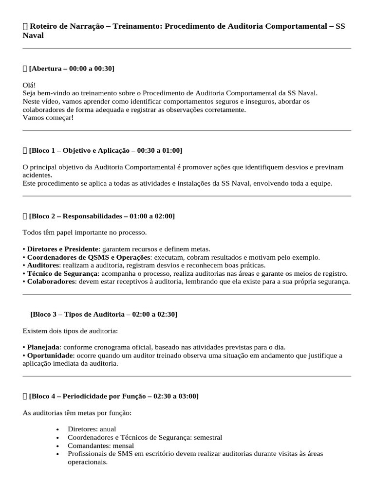 Roteiro de Narração - Auditoria Comportamental | PDF | Comportamento