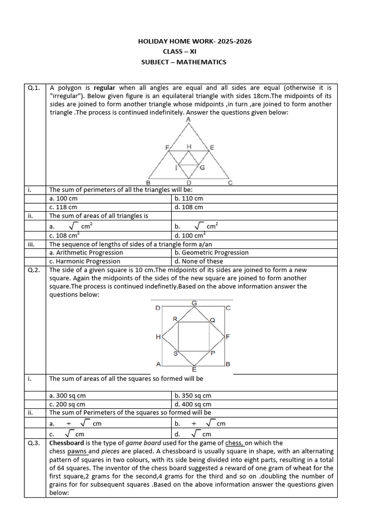 Class XI Mathematics Holiday Homework 2025-26 | PDF | Triangle | Area