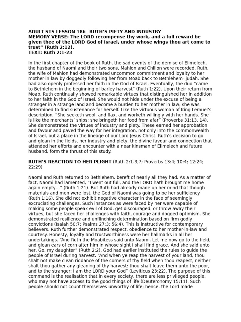Ruth's Piety and Industry in Bethlehem | PDF | Ruth (Biblical Figure ...