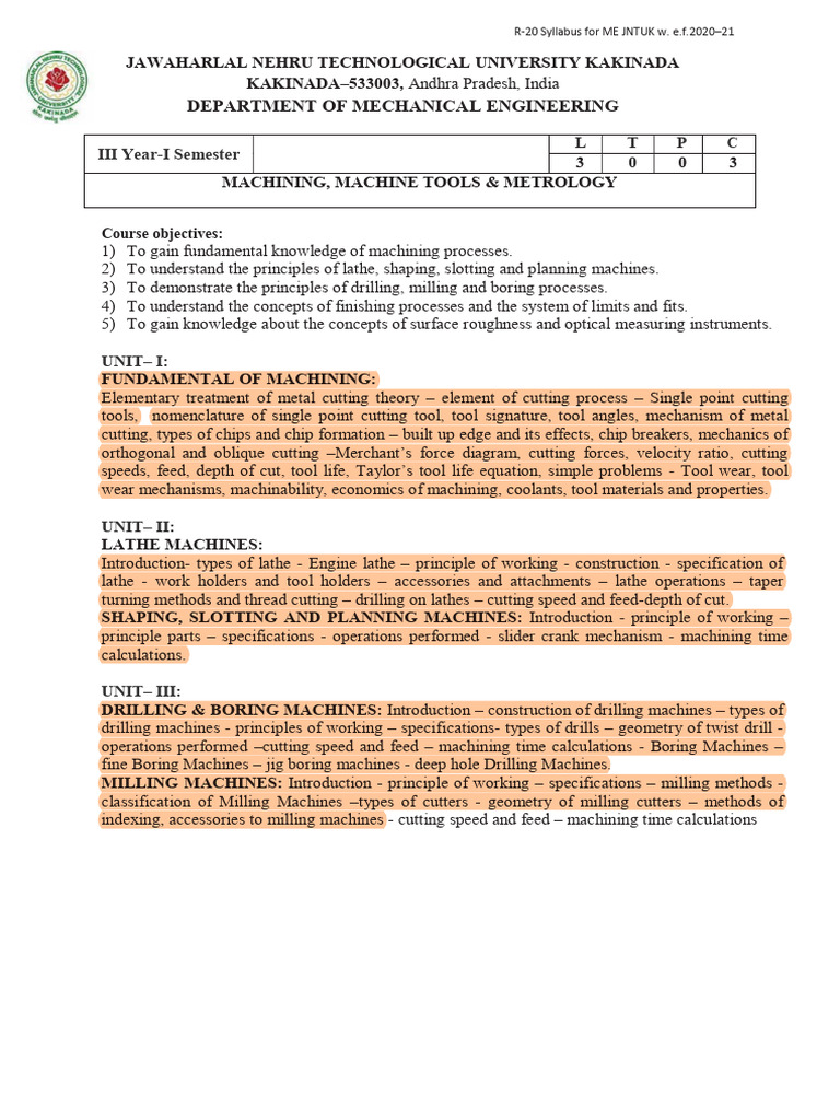 ME JNTUK Machining & Metrology Syllabus | PDF | Machining | Grinding ...