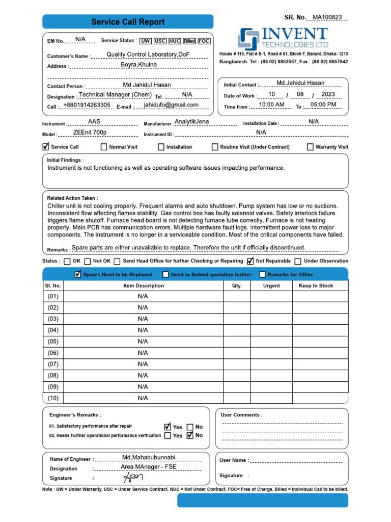 Service Call Report Template | PDF